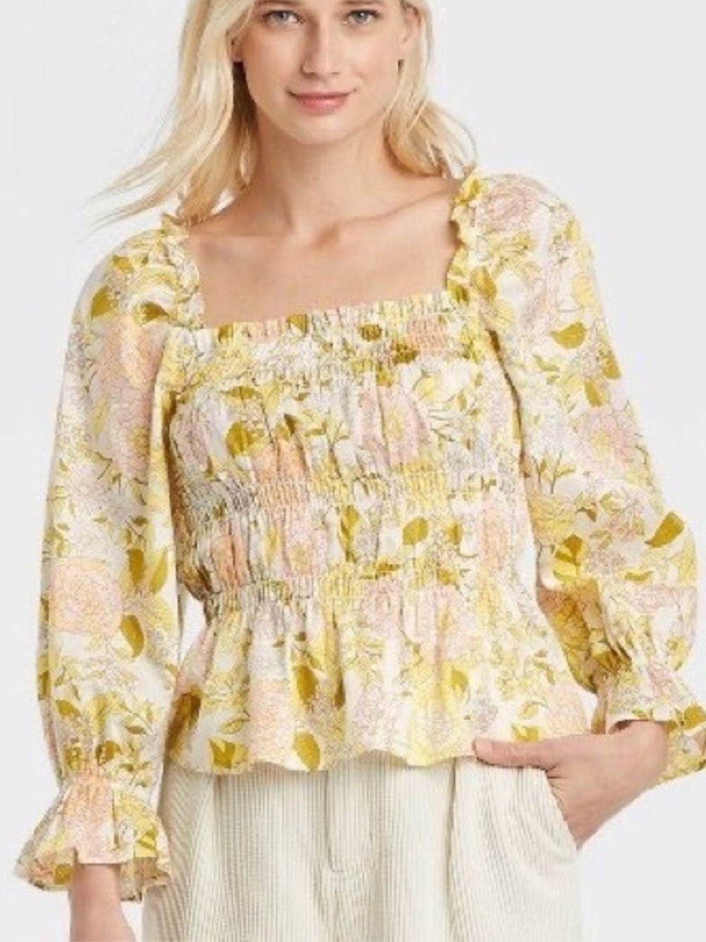 Who What Wear Floral Smocked Peasant Top in Yellow and Pink- size Small